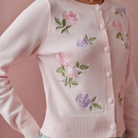 Pink Romantic Women's Floral Embroidered Long Sleeve Knit Cardigan - Picture 3 of 7